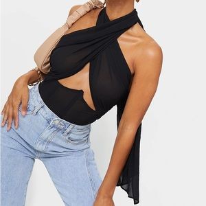 Black Chiffon Halterneck Underbust Corset Detail Bodysuit